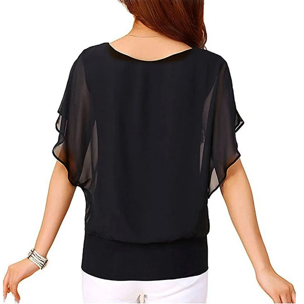 

Women's Blouse Loose Casual Short Sleeve Black Batwing Sleeve Chiffon Blouse womens tops and blouses plus size top