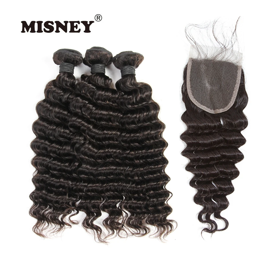 

Remy Human Hair 3 Bundles With 4x4 Lace Closure Deep Wave Hair Bundles Natural Black Color
