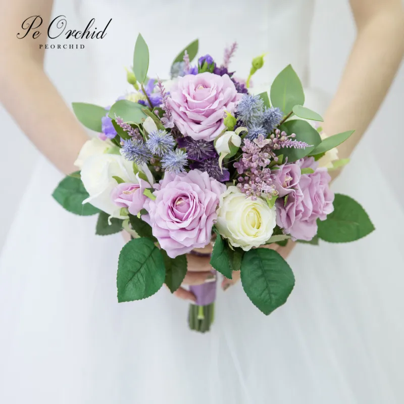 

PEORCHID Rustic Purple Rose Flowers Wedding Bouquets Artificial 2019 Handmade Detalles Boda Bridal Bouquet Decoration For Bride