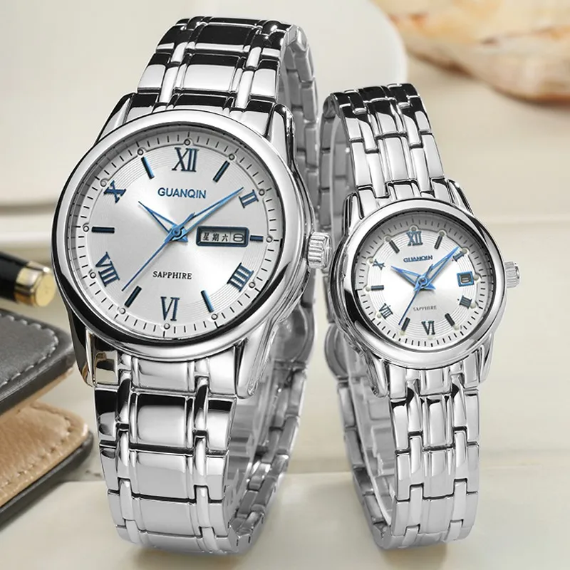 white white blue GUANQIN, деловые часы для пары, набор, роскошные часы из нержавеющей стали для мужчин и женщин, для влюбленных, наручные часы, кварцевые часы для женщин, мужские часы - Цвет: white white blue