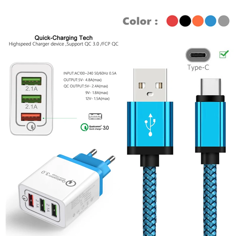 QC 3 0 быстрое зарядное устройство настенный адаптер USB Type C 2 м длинный кабель