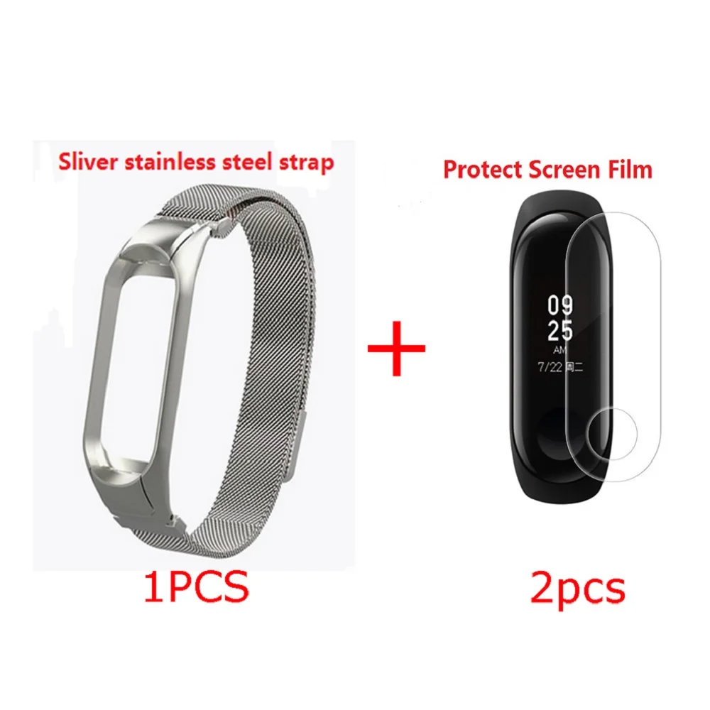 Slivery strap N Film Ремешок для Xiaomi mi Band 3 и 4 mi Band 3 модный ремешок для замены многоцветного ремешка с бесплатной пленкой спортивный ремешок из нержавеющей стали для mi band 3 и 4 - Цвет: Slivery strap N Film