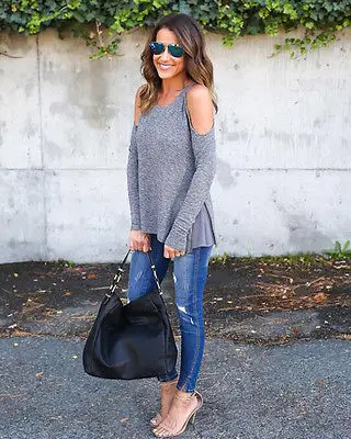autumn fall spring warm women femme clothing Cold Shoulder Tops Elegant gray Casual Shirt Lady Polyster Off The Blouse | Женская одежда