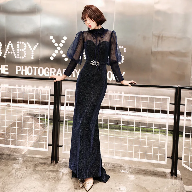 

Navy Blue Mesh Mermaid Chinese Sexy Sequins Oriental Party Female Cheongsam Stage Show Qipao Elegant Celebrity Banquet Dresses