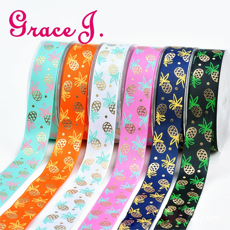 New Fashion Spring fruit series 25mm 100% Polyseter Gold foil pineapple printed ribbon accessories ribbons manual DIY 10M/Lot