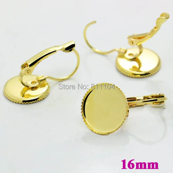 

16mm New Golden Plated Round Bezel Caps Bases French Style Clip Hook Earrings Settings Blank for 16mm CABs Cabochon Wholesale