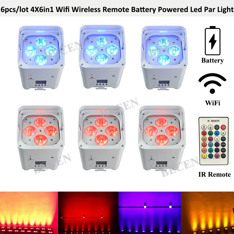 6 шт. перезаряжаемый 4x15 Вт rgbwa uv 6in1 Wifi приложение беспроводной DMX IRC на батарейках