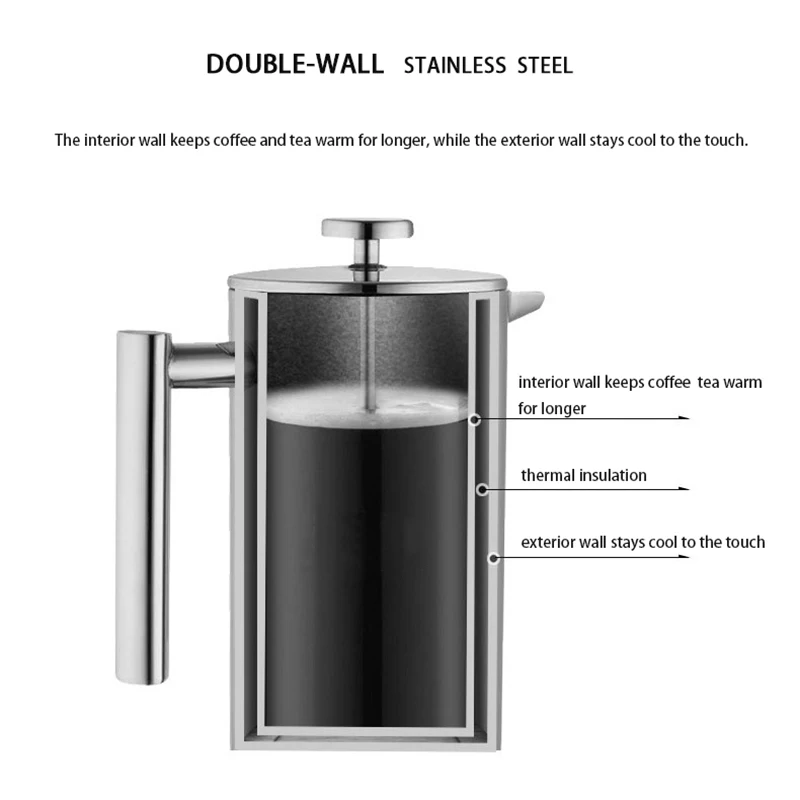 Biolomix French Press Double-Wall Stainless Steel Mirror Finish Coffee/Tea Maker: Double-Screen System Rust-Free Dishwasher Safe | Бытовая