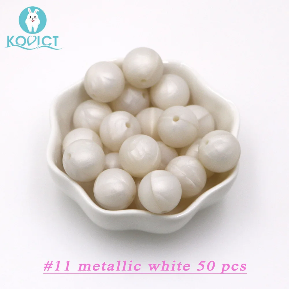 NO.11 Metallic white Kovict 50 шт. опционально 15 мм Силиконовые Круглые бусины грызунов Diy для ожерелья Жевательная соска цепочка бусы-клипсы мягкая текстура силикон - Цвет: NO.11 Metallic white