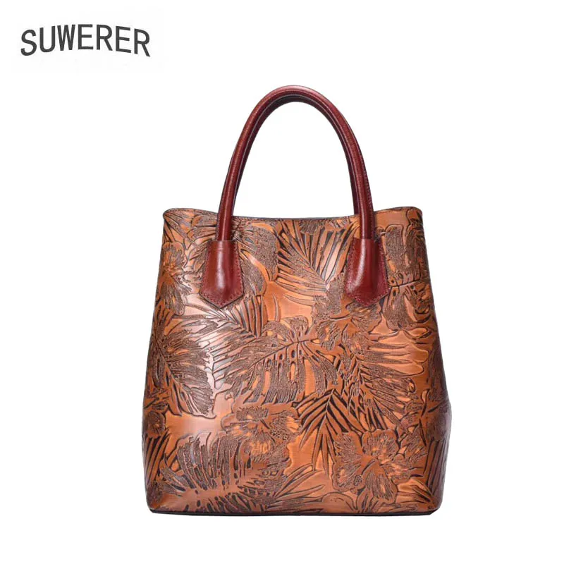 

SUWERER 2023 New women genuine leather bag fashion Embossing flower Luxury cowhide handbags tote women genuine leather handbags