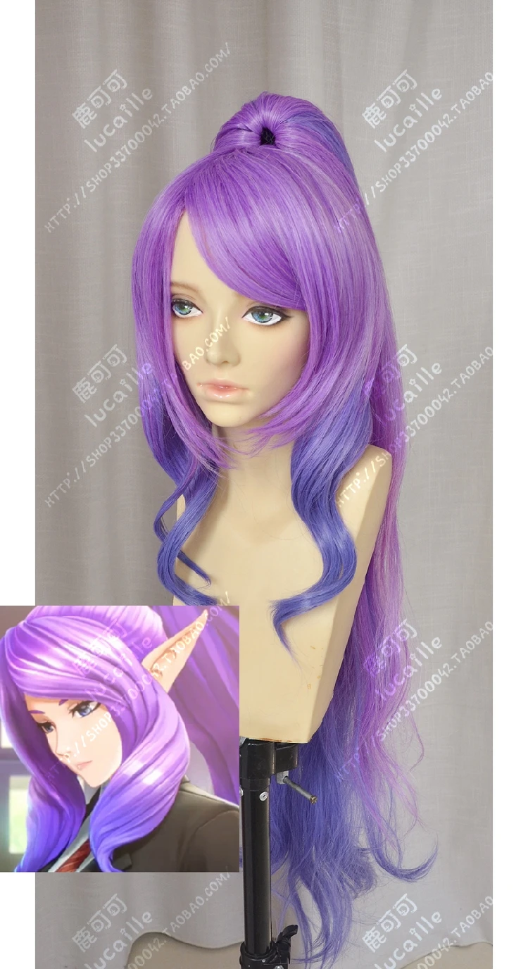 

Game LOL Janna Cosplay Wig Long Purple Pink Mix Culy With 100cm Chip Ponytail Heat Resistant Synthetic Hair Wigs + Wig Cap