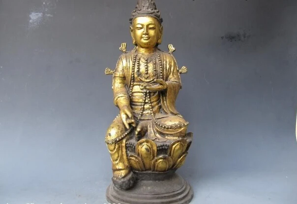 

song voge gem S0728 Tibet Fane Folk classical Old Bronze Gild Kwan-Yin Bodhisattva Sit lotus flower