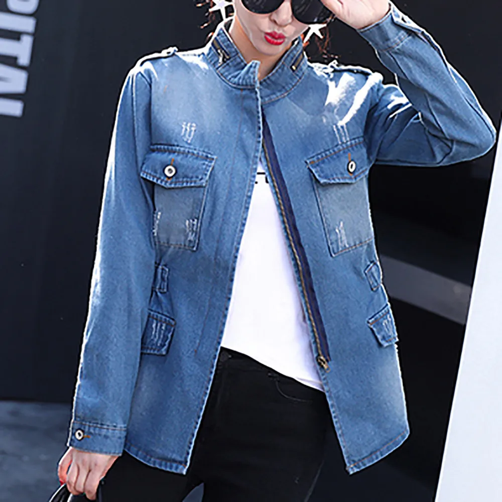 

Women Basic Coats Female Autumn Winter Denim Jacket Vintage Long Sleeve Chaqueta Tops Stand Collar Pockets Jean Coat Plus Size
