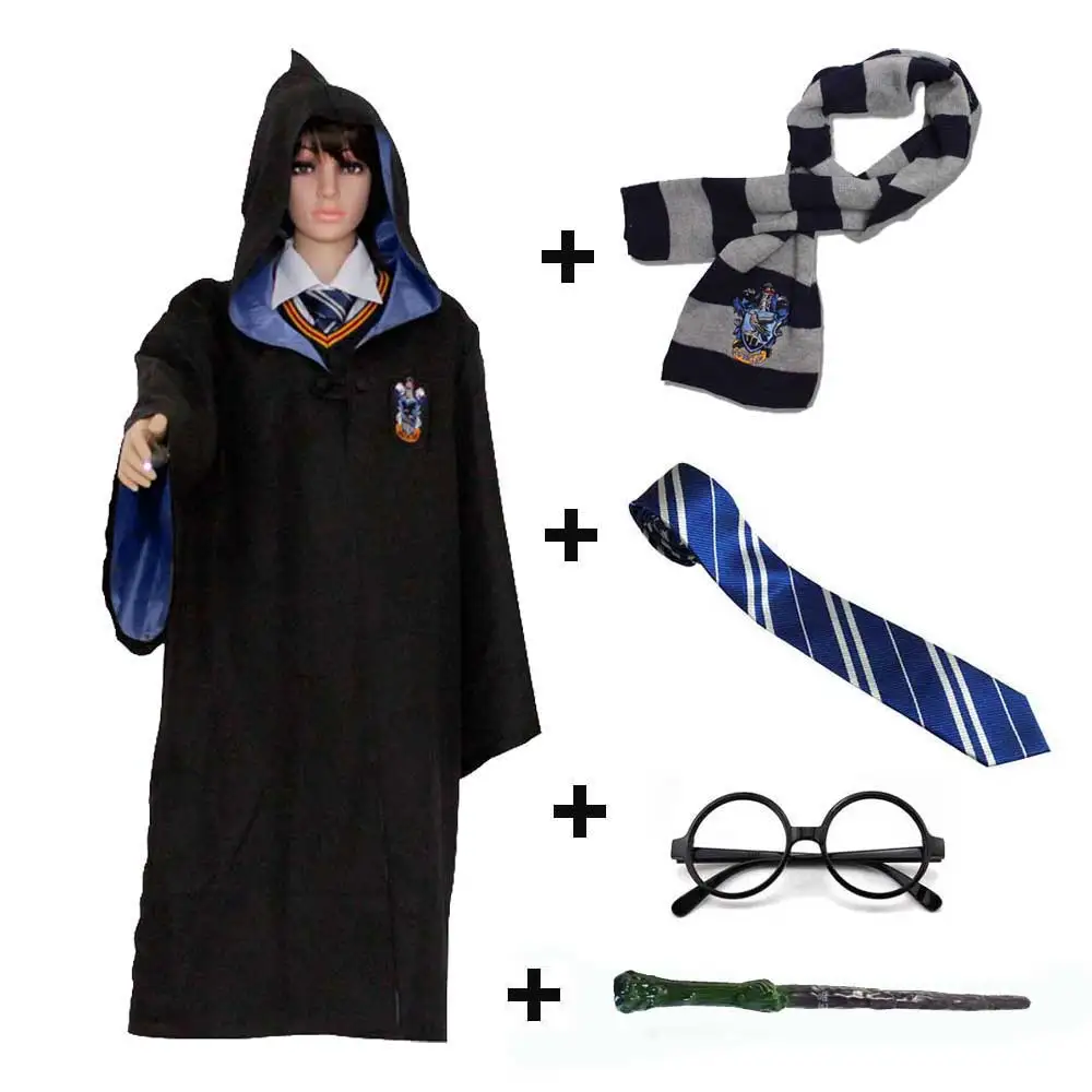 5pcs 02 Детский костюм Слизерин для взрослых Ravenclaw Gryffindor Hufflepuff, Волшебная Одежда, плащ, шарф, галстук, палочка, очки, набор - Цвет: 5pcs 02