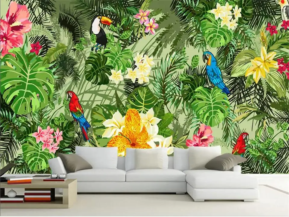 

3d-фотообои на заказ, Настенные обои для гостиной, дивана, фона для телевизора, ручная роспись, с изображением попугая, растений, домашний дек...