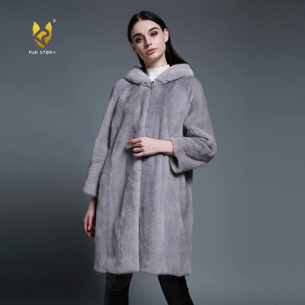 Женское пальто с капюшоном Fur Story FS161210 зимняя куртка из натурального меха норки |