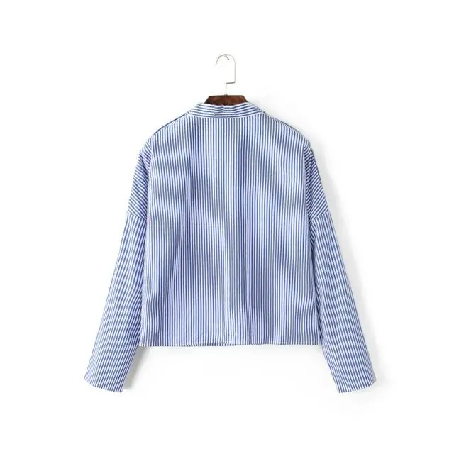 Синий Полосатый Цветок Вышивка Рубашка Женщины Нагрудные с длинным рукавом