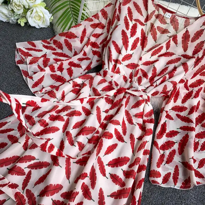 Женское пляжное платье с v-образным вырезом и Расклешенным рукавом оборками лето