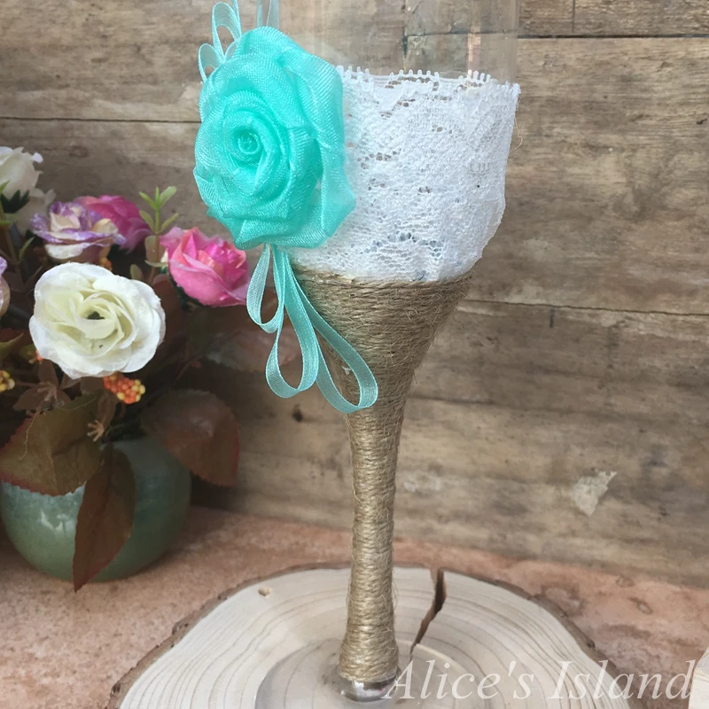 2 sets 4pcs Wedding Glasses Champagne Toasting Flutes Customized Burlap Lace Rustic Favor Gift | Дом и сад
