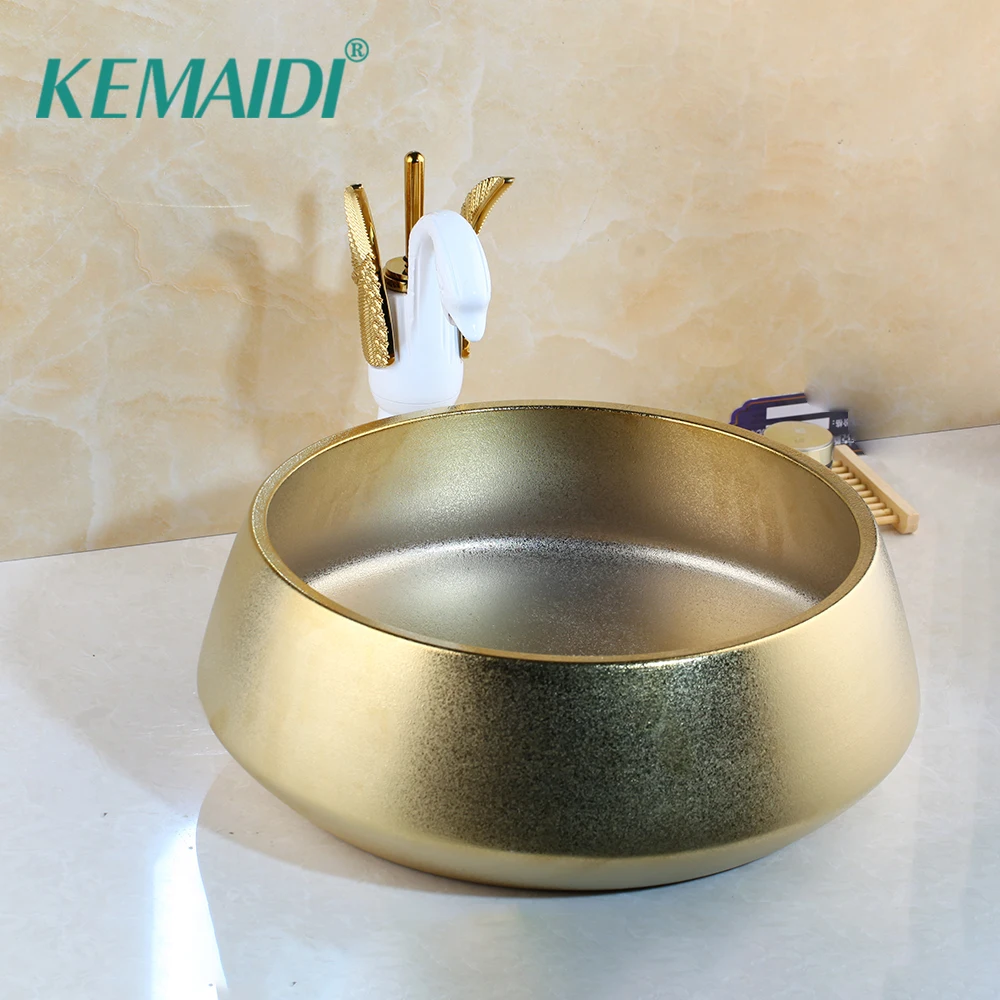 

KEMAIDI Luxury Hand-made Ceramic Gold Art Bathroom Wash Sink Sets Bathroom Basin Faucets Swan Shape Tap Deck Mounted Mixer Sets