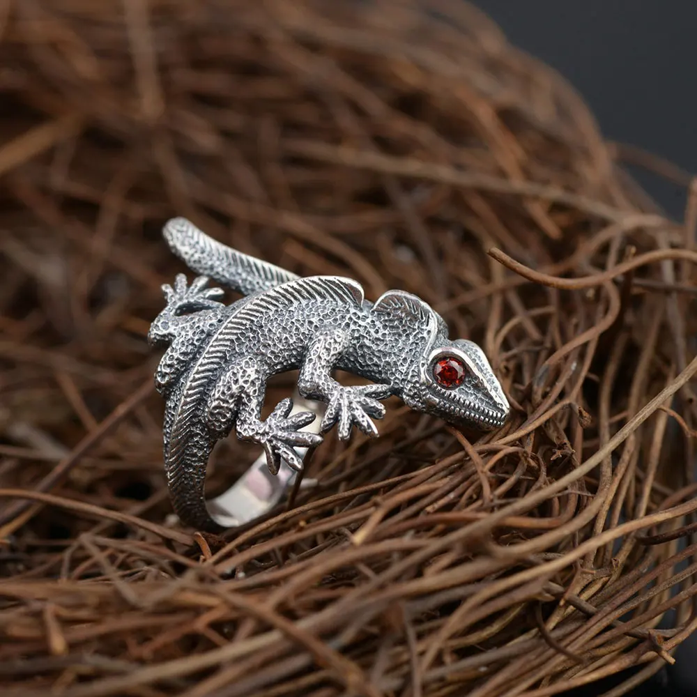 Кольцо Gecko из серебра 925 пробы с красным кубическим цирконием, Настоящее Серебро S925 пробы, тайское серебро, кольца для женщин и мужчин, ювелирное изделие, регулируемый размер