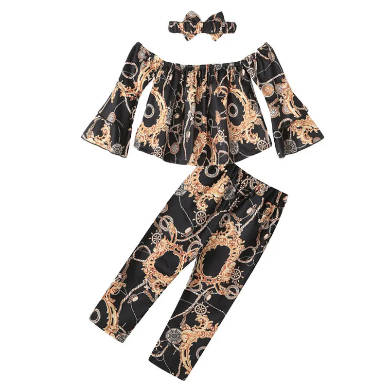 Baby Girl Clothes Set New Kids Fashion Children off shoulder top+pant+headband 3 Pieces girl outfit 2-7 Y | Мать и ребенок