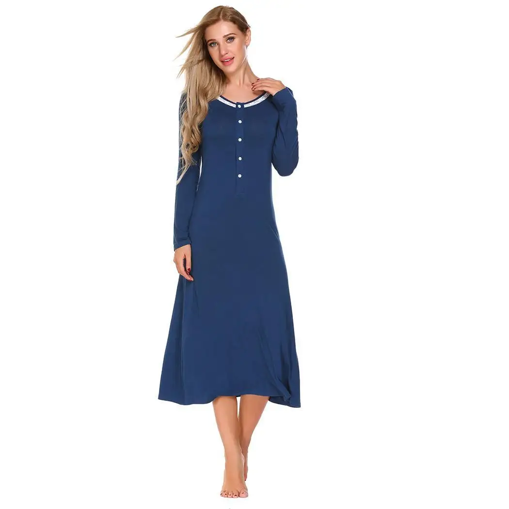 navy blue Ekouaer длинные Ночное платье ночные рубашки для девочек Повседневное с О-образным вырезом с длинными рукавами; однотонное кружевное Кнопка пуловер Для женщин одежда для сна ночная рубашка; сезон осень - Цвет: navy blue