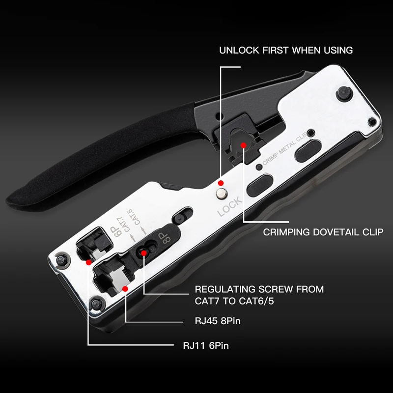 

HLZS-Crimp Metal Clip Rj45 Tool Network Crimper Crimping Tools For Cat7 Cat6 Cat5E Cat5 Stp Plugs Rj45 Connector Cables