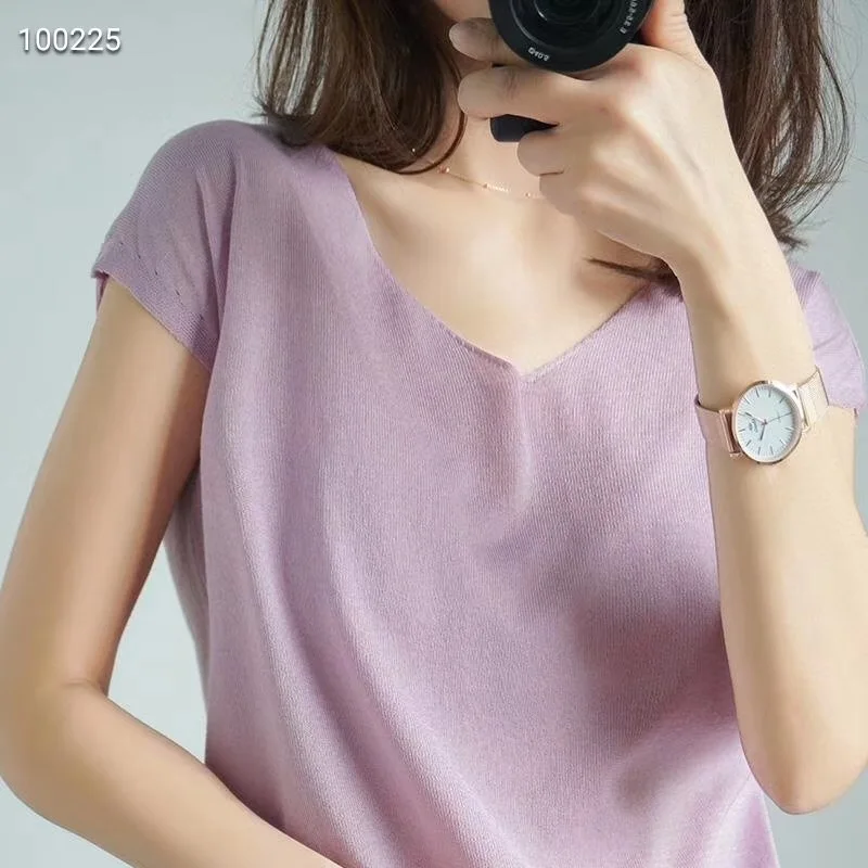 light purple Lafarvie/Новинка; летний пуловер с короткими рукавами и двойным v-образным вырезом; тонкий вязаный свитер для женщин; Повседневная Мягкая разноцветная S-L - Цвет: light purple