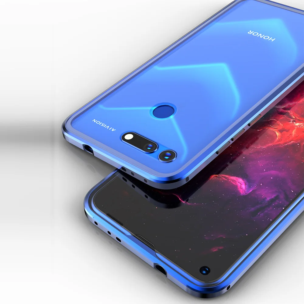 Для huawei Honor View 20 V20 6," Магнитный 360 адсорбционный металлический чехол из закаленного стекла задняя крышка Магнитный бампер полный защитный чехол - Цвет: Синий