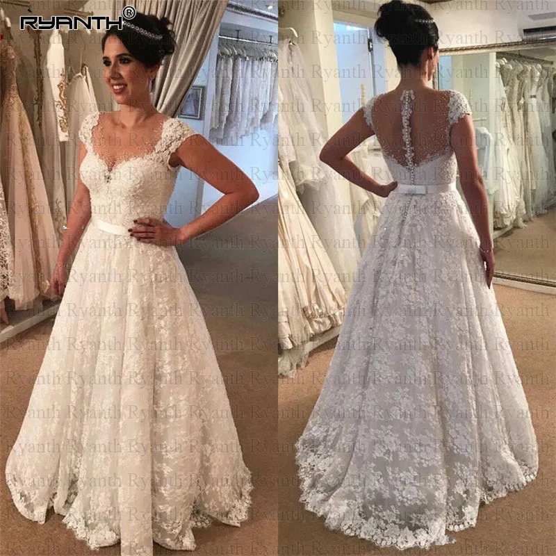 

Vestido de noiva Custom Made A Line Lace Beach Wedding Dress 2019 Robe de mariee Cheap Sheer Illusion Pearls Wedding Gowns