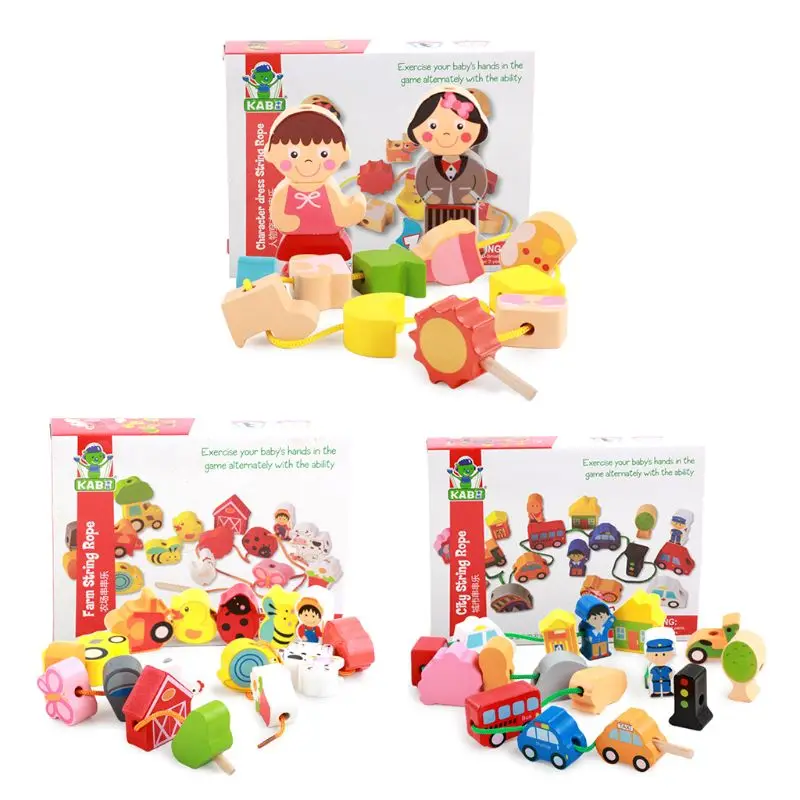 

Wooden Blocks Cartoon Stringing Threading Beads Game Baby Intelligence Educational Popular Toy For Baby