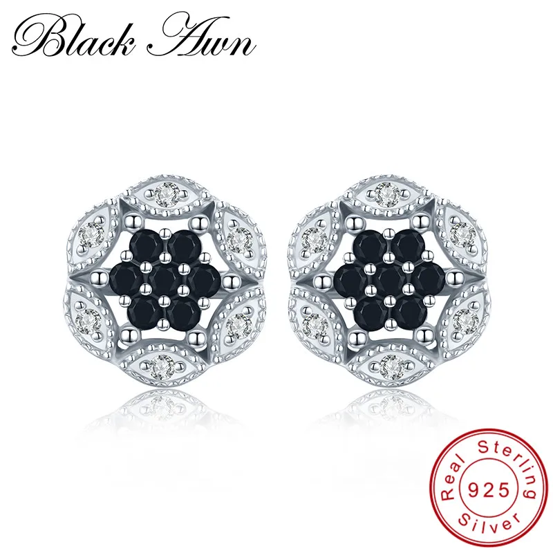 

[BLACK AWN] 100% 925 Sterling Silver Jewelry Classic Flower Black Spinel Charm Stud Earrings for Women Silver 925 Jewelry T188
