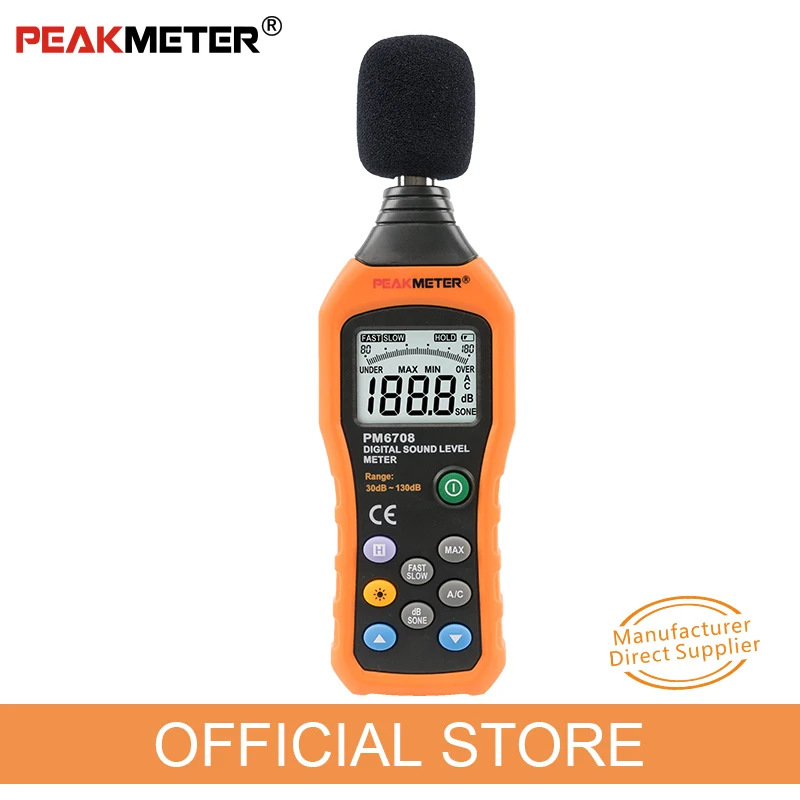 Official PEAKMETER PM6708 LCD Digital Audio Decibel Sound Noise Level Meter dB Meter Measuring  Logger Tester 30 dB to 130 dB
