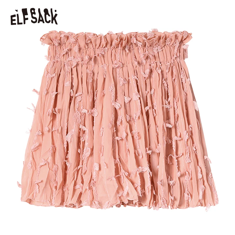 

ELFSACK Pink Casual Women Pleated Skirts Fashion Tassel Elastic Waist A-Line Female Skirt 2019 Summer Sweet Girl Clothing
