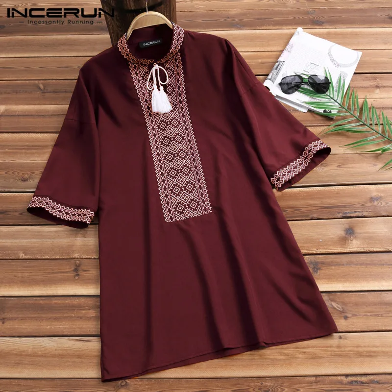 Wine Red Модные пляжные рубашки для отдыха, мужские рубашки с цветочной вышивкой, Свободные повседневные рубашки с коротким рукавом и стоячим воротником - Цвет: Wine Red