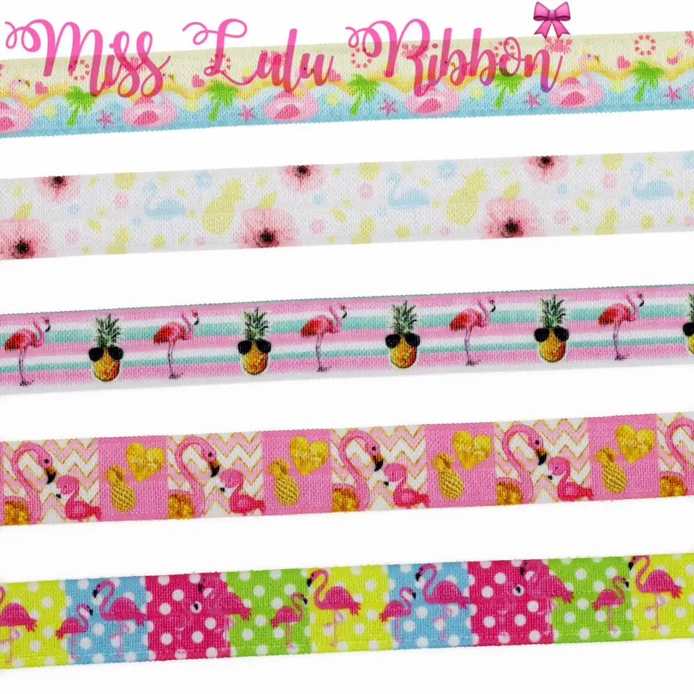 

5/8"16mm Flamingo Series Flower Pineapple White Dots Printed Elastic Ribbon Cute Animal Hair Bowknots Making 50yards/roll