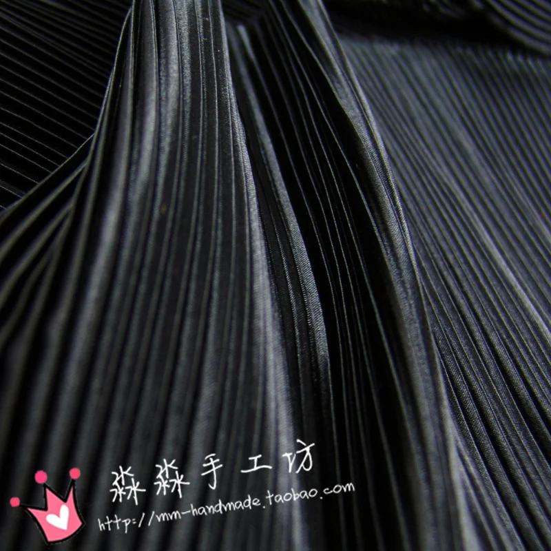 1psc Garment fabric of pure black pinstripe accordion pleated silk satin crushed through dress fabric(pleated 0.5m)