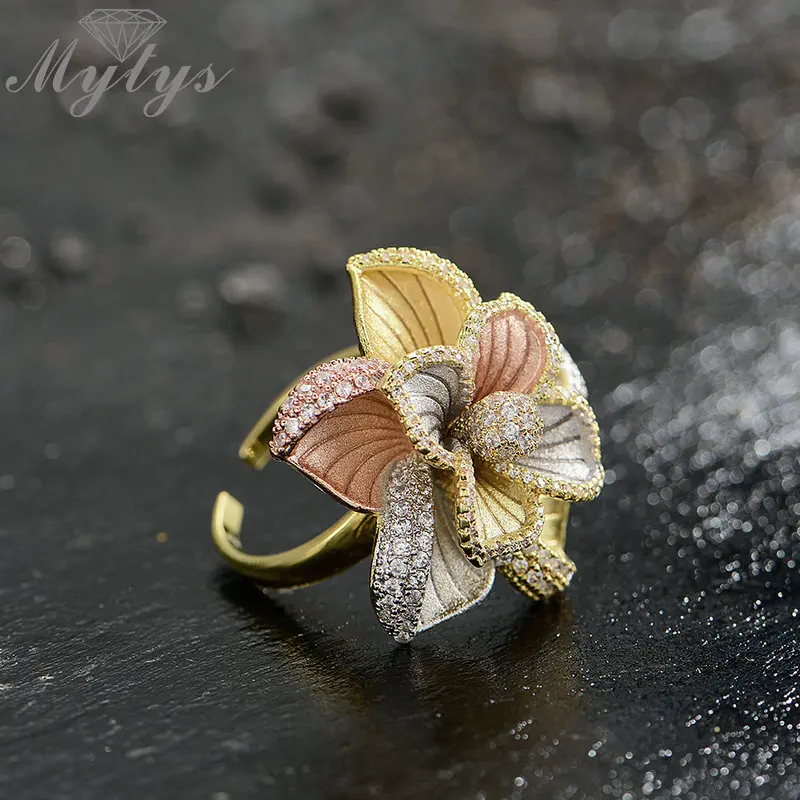 Mytys распускающийся цветок кольцо роза Желтый Серебряный три золото матовое