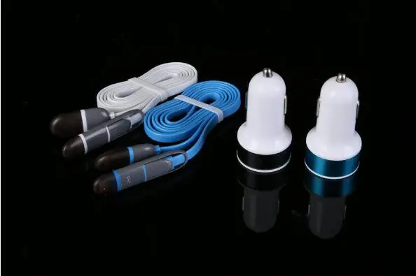 

High Quality Universal Dual USB Port 5V Fast Car Charger For Mobile Phones Car Accessory Mini Auto Charger with Data Cable