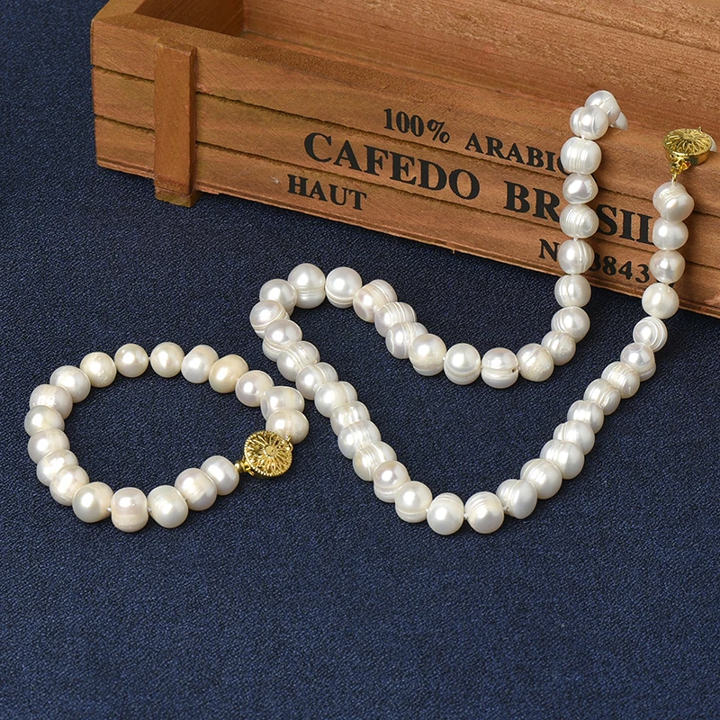 Ожерелье из жемчужных бусин и браслета естественный чистый молочный желтый цвет