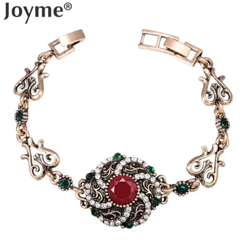 

Vintage Bohemian Bracelet Carved Flower Tibetan Alloy Red Resin Gold-Color Bangle Retro Turkey Royal Jewelry