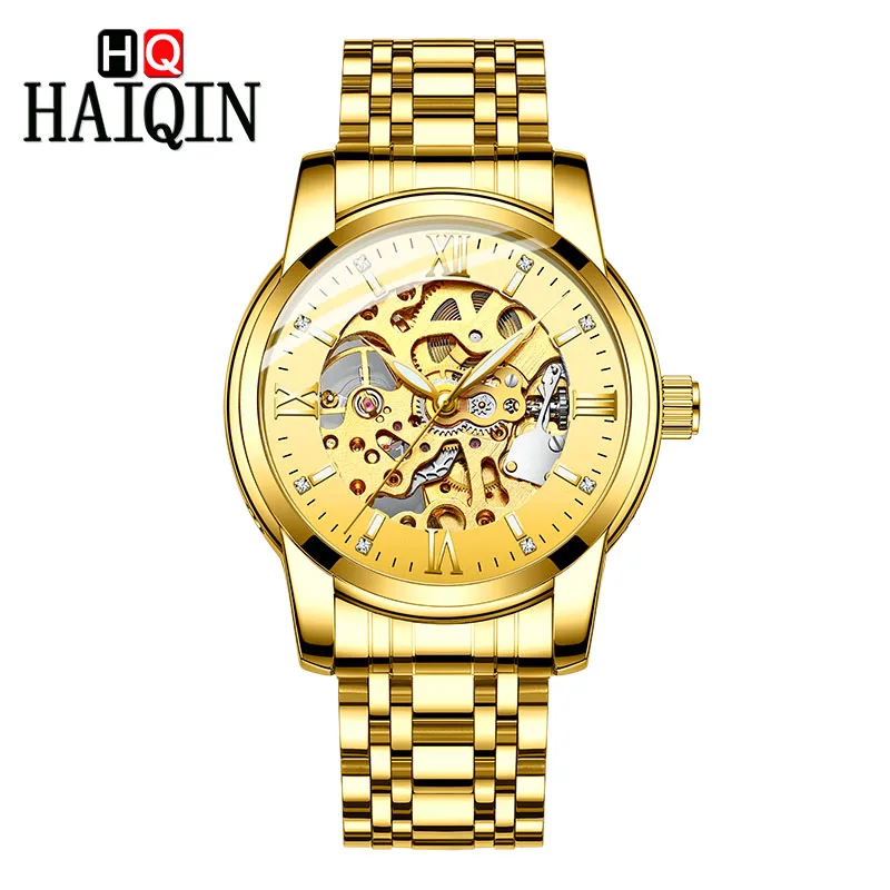 Full Gold HAIQIN автоматические тонкие механические часы мужские роскошные деловые наручные часы водонепроницаемые часы из нержавеющей стали Relogio Masculino - Цвет: Full Gold
