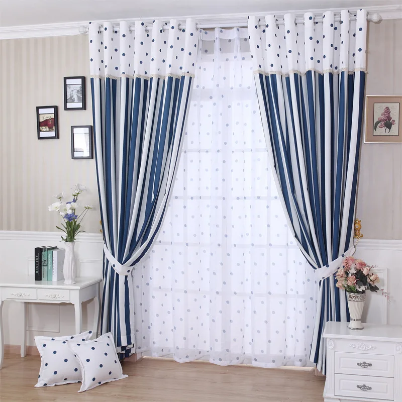 Современные светонепроницаемые занавески в полоску горошек с синими точками