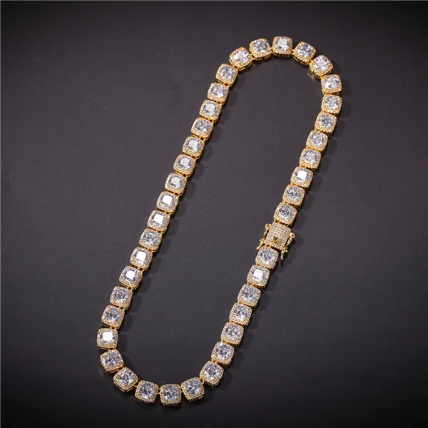 Gold Necklace Хип хоп 10 мм Bling квадратный AAA CZ кубический цирконий Iced Out браслет ожерелье из камней правильной геометрической формы теннисная цепь для мужчин ювелирные изделия - Metal Color: Gold Necklace