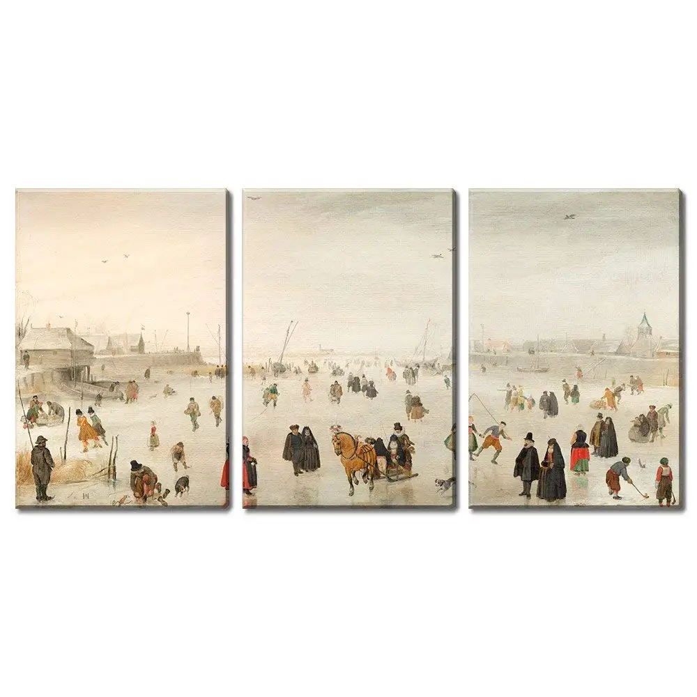

Hendrick Avercamp 3 Panel World Famous Painting Reproduction on Canvas Wall Art - A Scene on The Ice Drop shipping