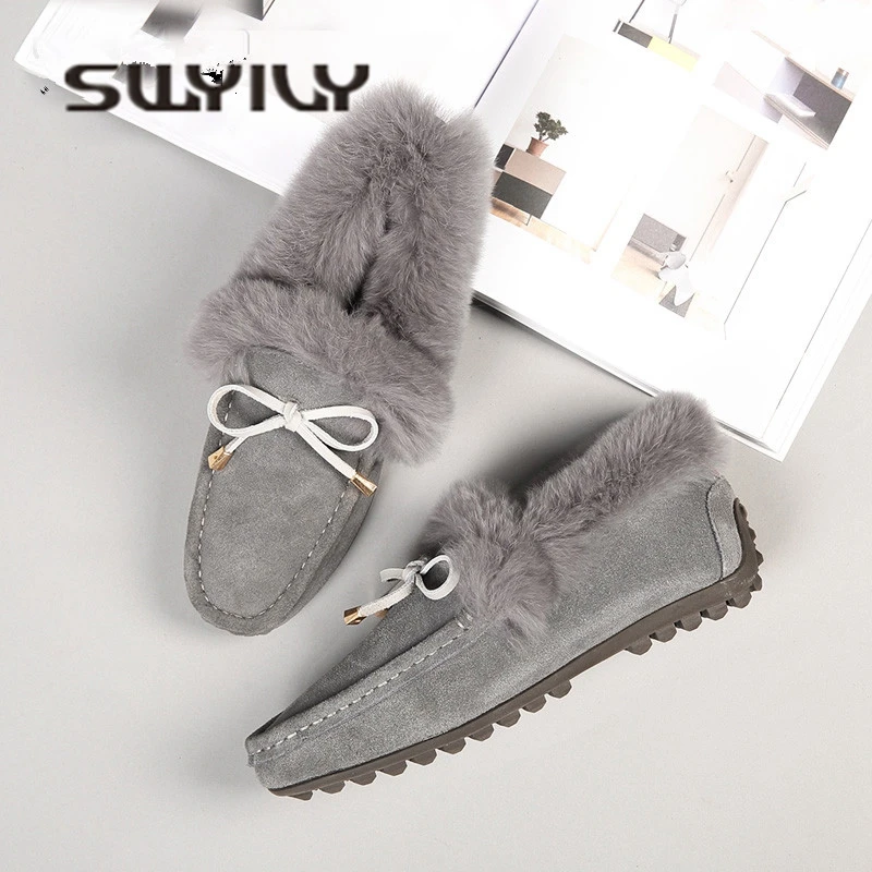SWYIVY/женские слипоны на плоской подошве из натуральной кожи; Новинка года; Сезон Зима; теплые зимние ботинки на меху с кисточками; роскошная женская обувь на плоской подошве с кроликом
