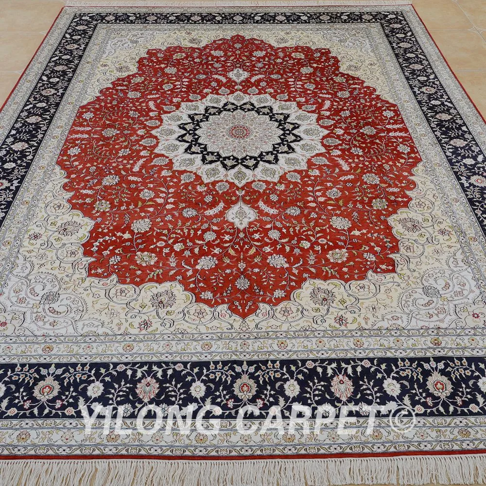 Beste Yilong 9'x12 'Antieke Klassieke Kleed Grote Rode Medaillon Vantage Handgemaakte Perzische Zijden Tapijt (0896)
