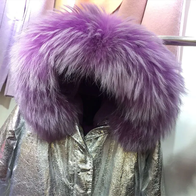 Серебристая кожа Водонепроницаемая фиолетовая Длинная женская куртка с большим