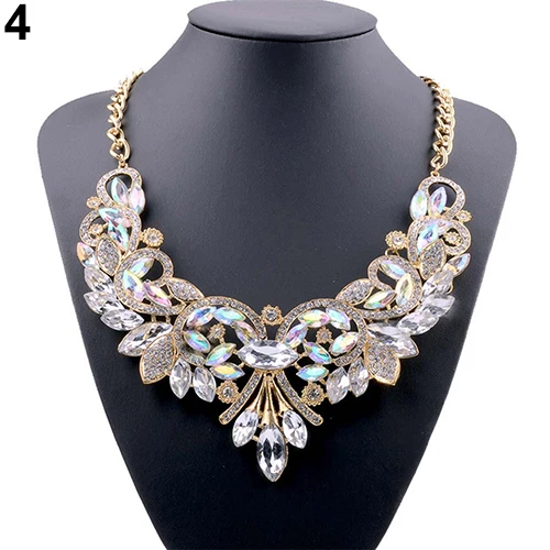 New and fashion Colorful Rhinestone Flower Pendent Chain Choker Statement Collar Bib Necklace |